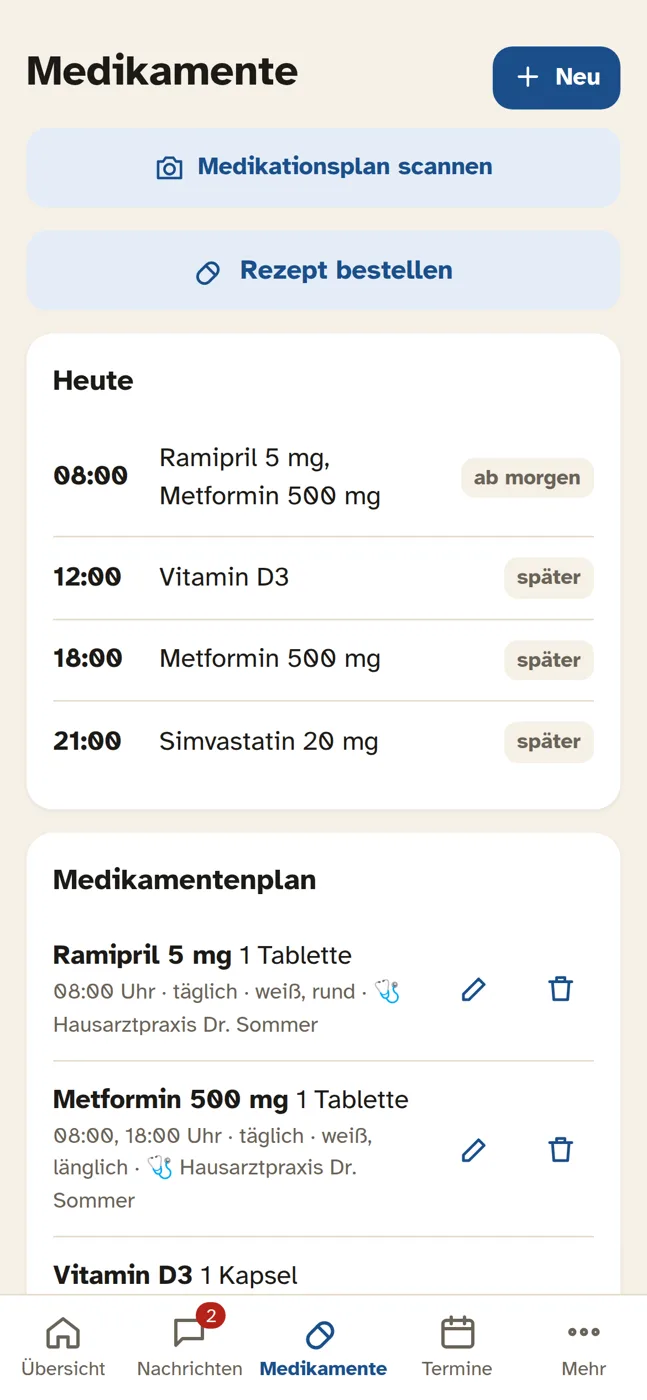 Familien-App Medikamente mit Tagesübersicht und Medikamentenplan