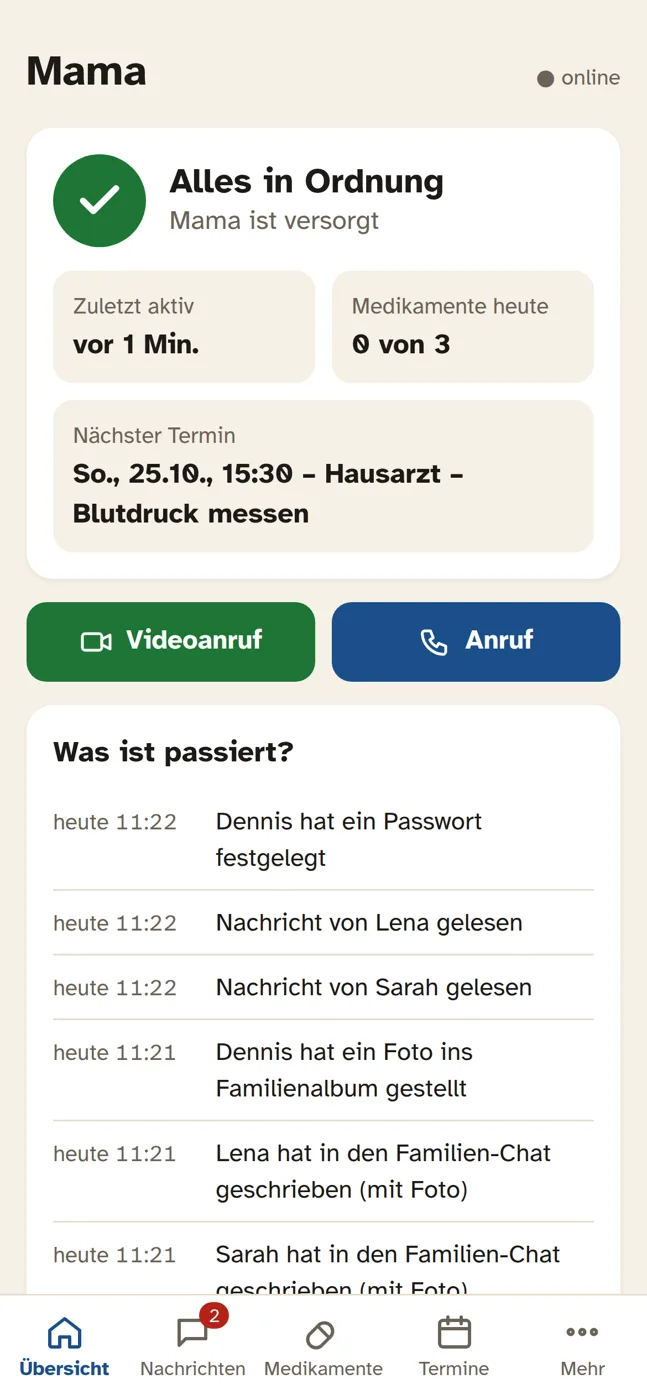 Familien-App: Übersicht „Alles in Ordnung“ mit letzter Aktivität, Medikamenten und nächstem Termin