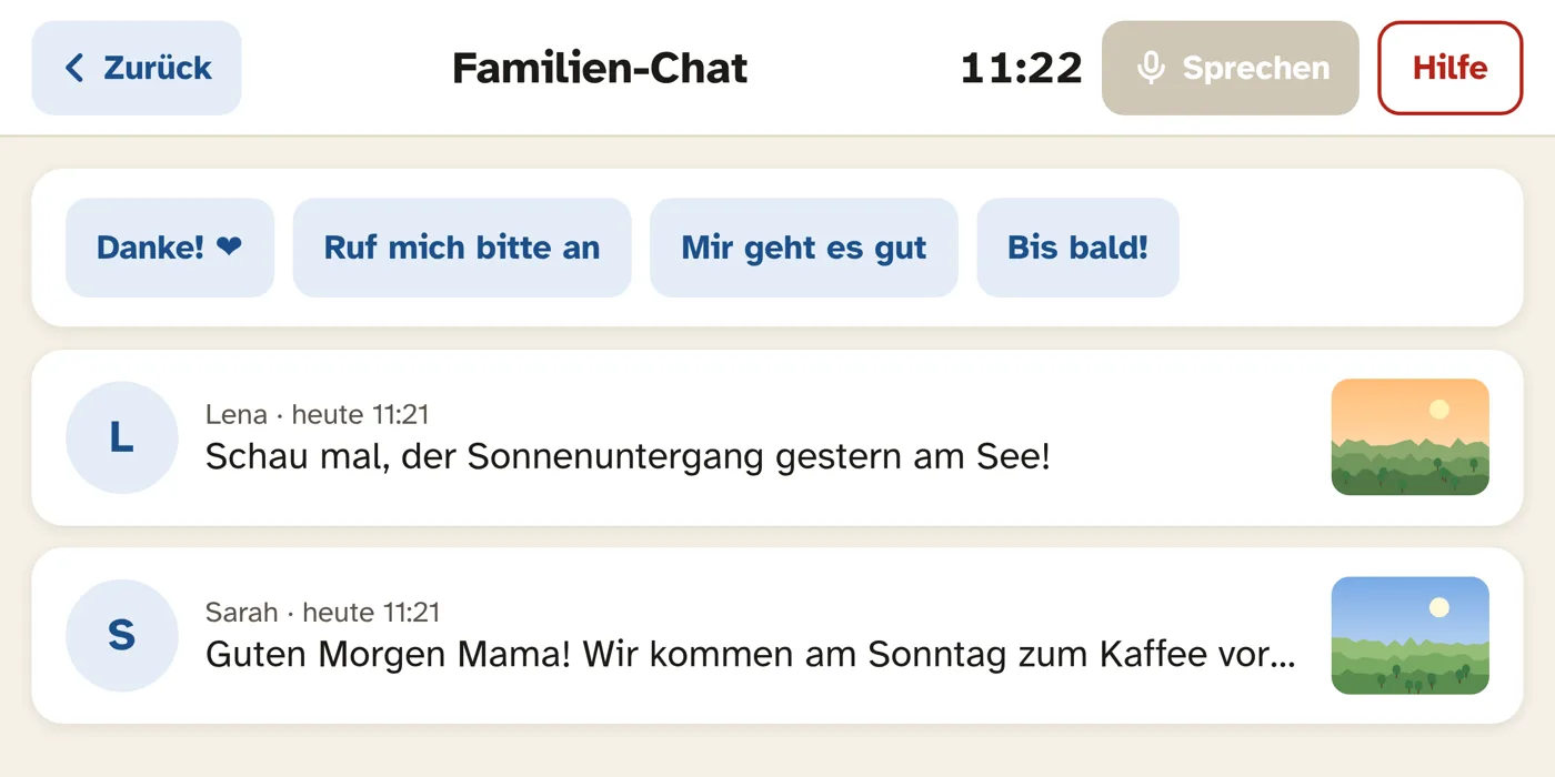 Familien-Chat mit Nachrichten und Fotos sowie Schnellantworten
