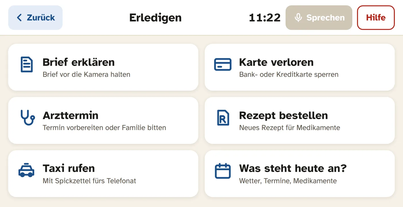 Bereich „Erledigen“ mit Brief erklären, Karte verloren, Arzttermin, Rezept bestellen, Taxi rufen und Was steht heute an