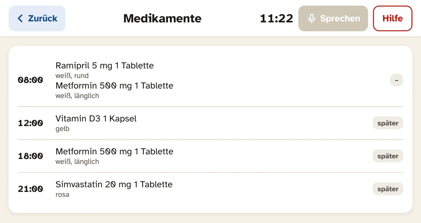 Medikamentenplan am Homespot mit Uhrzeiten, Namen, Dosis und Aussehen der Tabletten