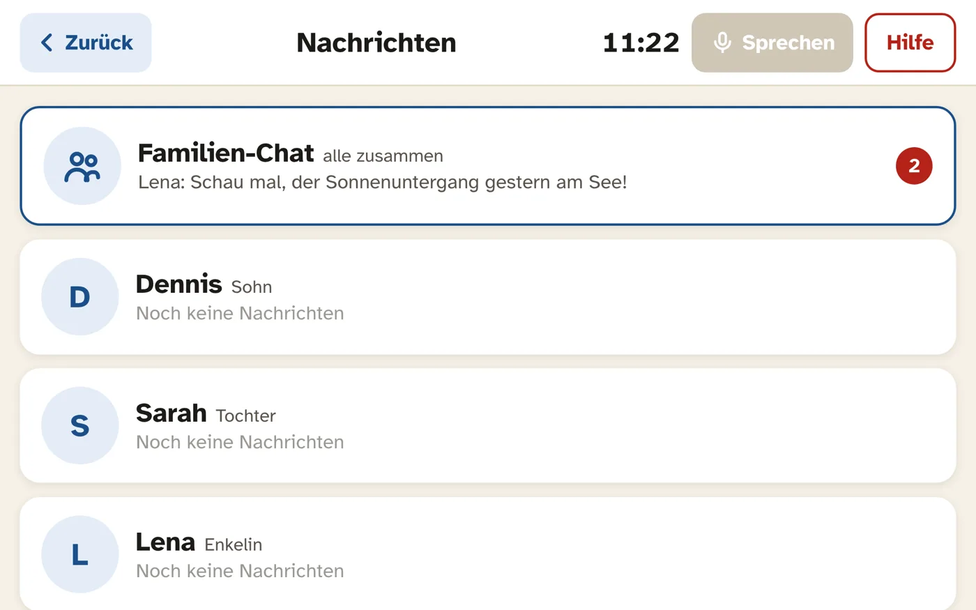 Nachrichtenübersicht mit Familien-Chat und persönlichen Chats