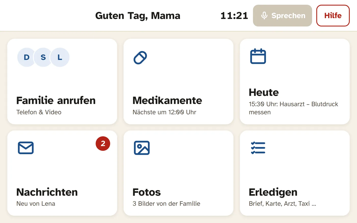 Startbildschirm des Homespots mit sechs großen Kacheln: Familie anrufen, Medikamente, Heute, Nachrichten, Fotos, Erledigen